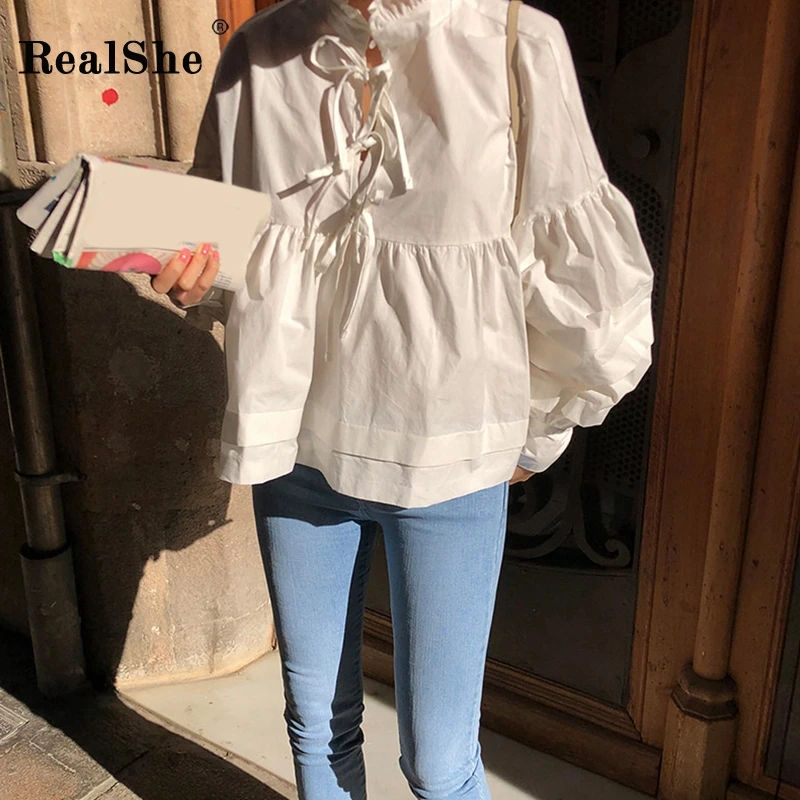 RealShe женская блузка белая с гофрированным воротником длинным рукавом фонариком