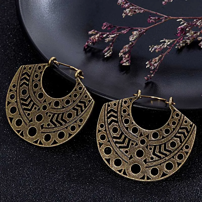 Bronze Индийские племенные латунные серьги, висячие серьги-капельки, украшенные цветами вихревые «цыганские» серьги для женщин, богемные Винтажные серьги EAR00C07B - Окраска металла: Bronze