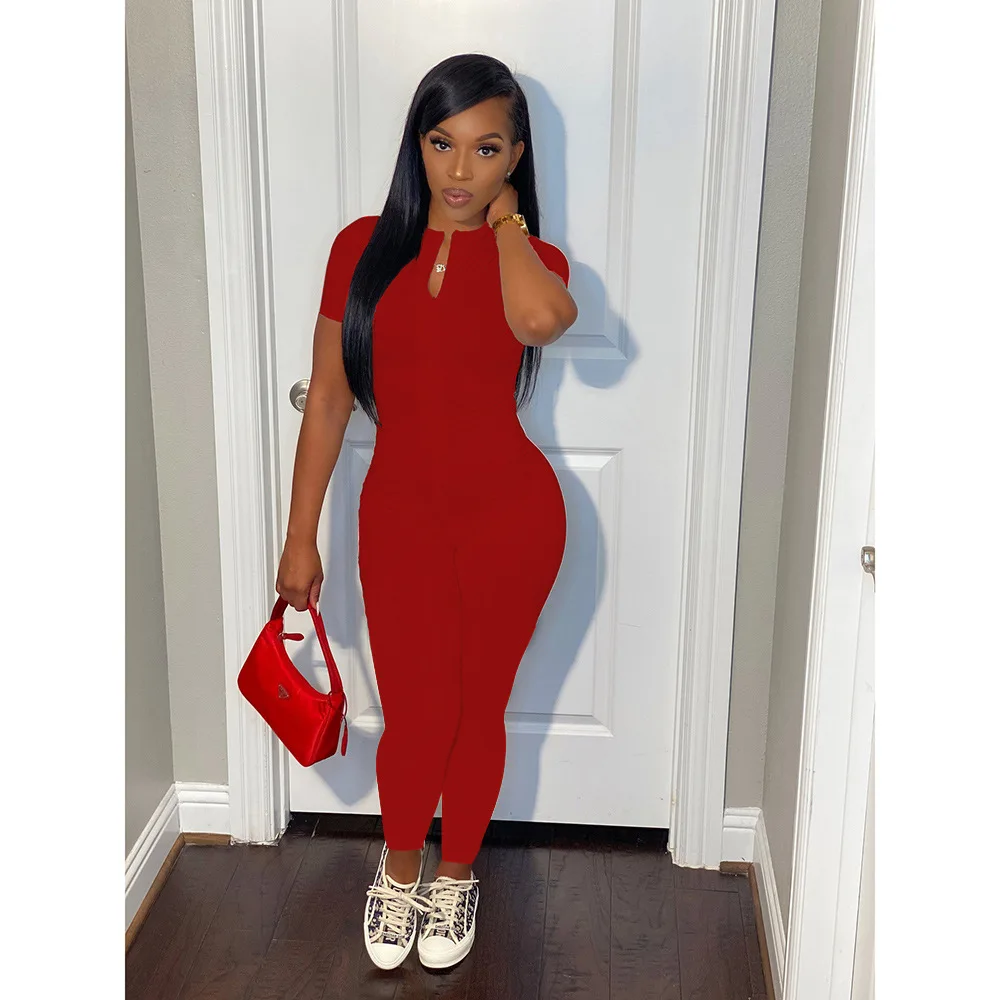 

2021 Summer New Style Women's Fashion Sexy Solid Color Zipper Jumpsuit