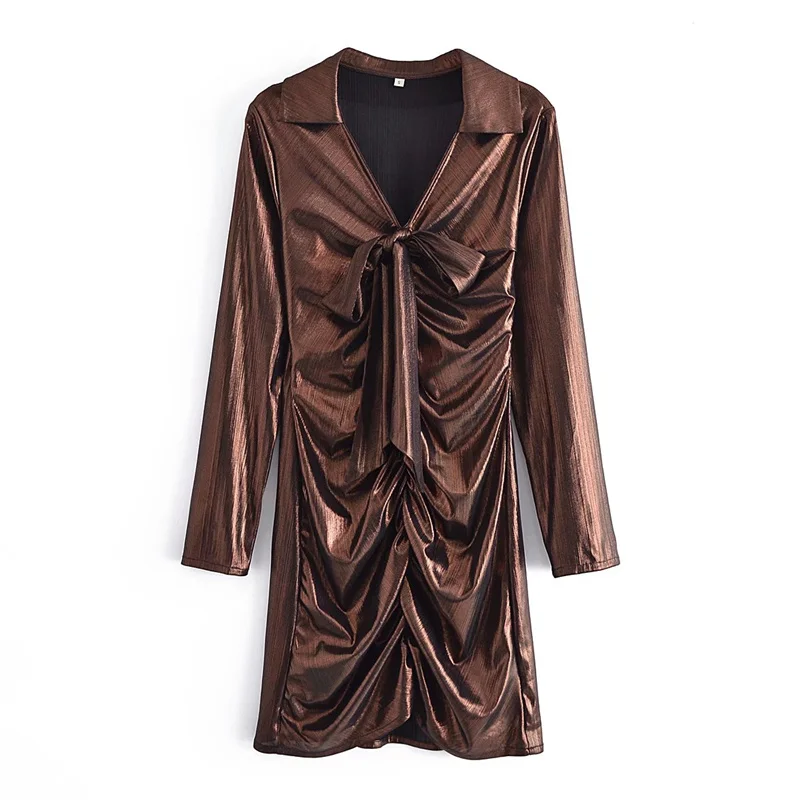 

ZXQJ Women Brown Bright Wrinkle Dress 2021 Autumn Fashion Ladies Slim Long Sleeve Tight Dress Female Knot Pleated Mini Dress