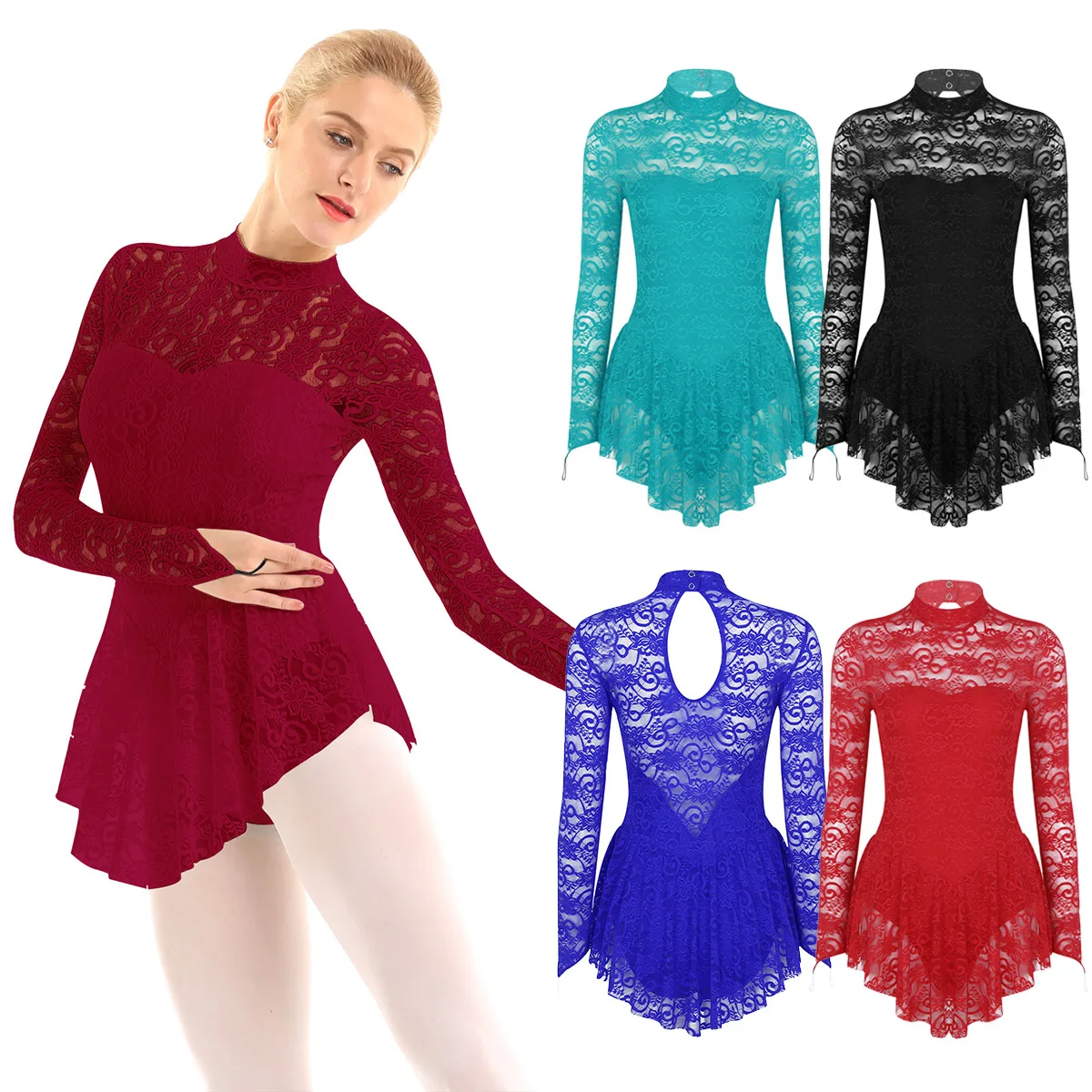 

Womens Figure Ice Skating Dress Lace Long Sleeves Ballet Dance Leotard Dress