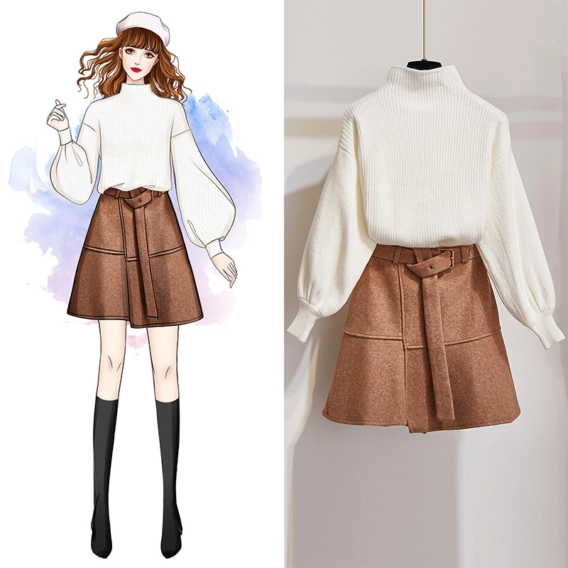 New Winter Pullover Sweater& Woolen Cloth Lantern Sleeve Knitted Top Irregular Skirt Suit With Belt Outfit Casaul Clothes