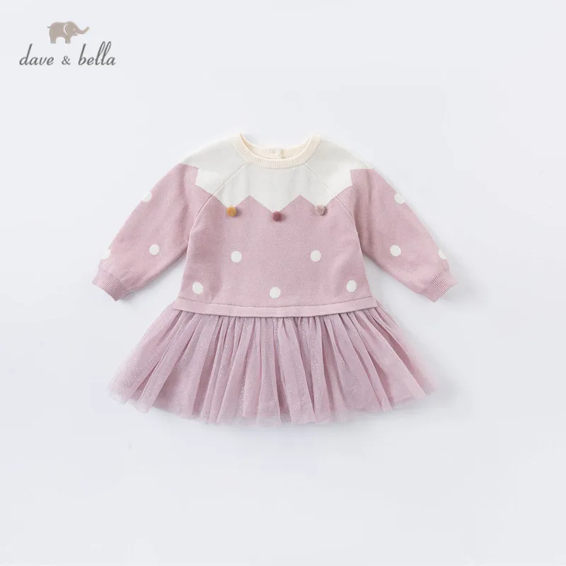 

DBZ15306 dave bella autumn baby girl's cute ball dots mesh sweater dress children fashion party dress kids infant lolita clothes