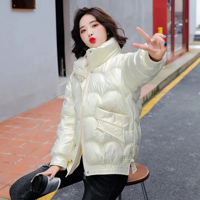

Women Stand Collar Down Padded Cotton Jacket Short 2021 Winter Korean Loose Padded Coat Bright Winter Thick Warm Parka Female