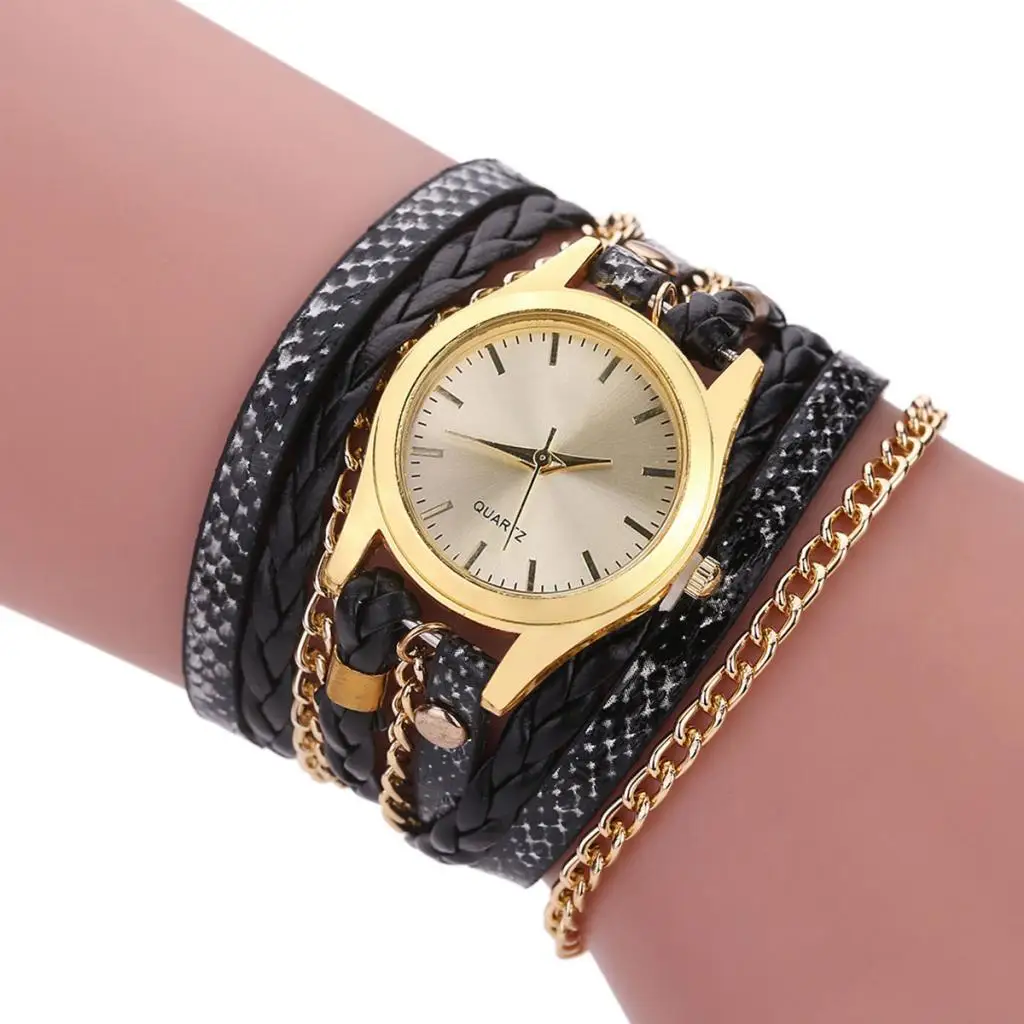 

Womens Multilayer Wristwatch Weave Wrap Leather Bracelet Wrist Watch