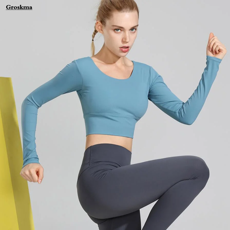 

Быстросохнущие женские рубашки для йоги, фитнеса, тренажерного зала, укороченные топы с длинным рукавом, нагрудные подушечки, с вырезами на ...