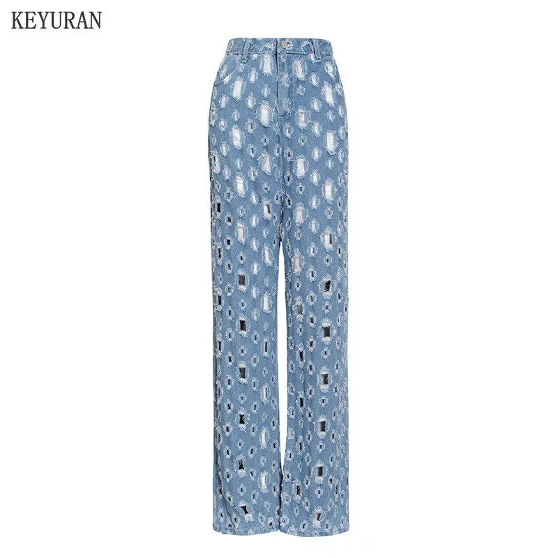 

Женские рваные джинсы с высокой талией, широкие брюки из денима с вырезами, осень 2021