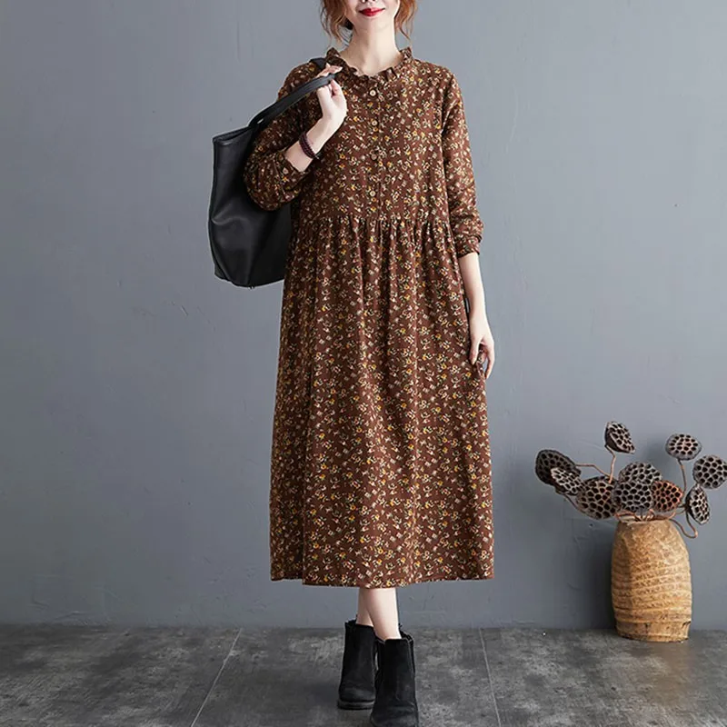 women cotton linen casual long dress new 2020 autumn vintage floral print stand collar ladies elegant a line dresses s2115 free global shipping