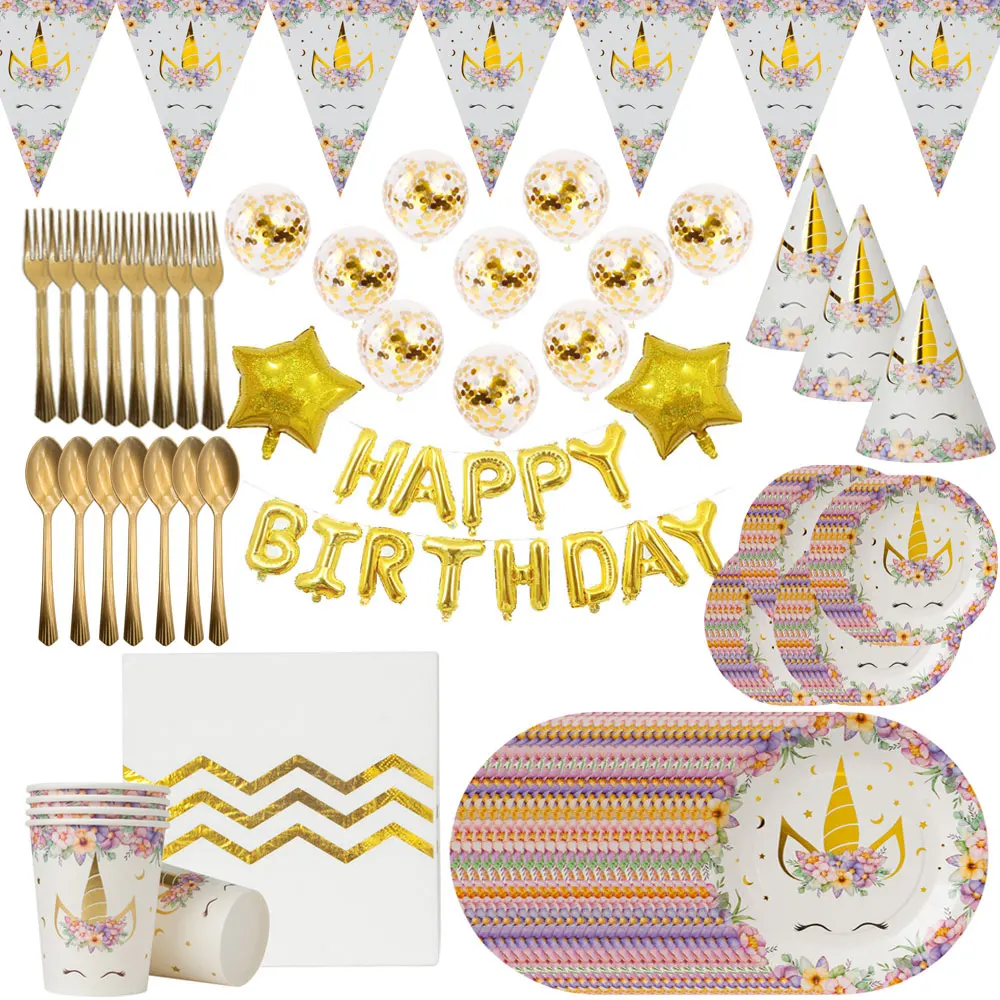 

Gold Unicorn Party Plates Cup Banner Flag Napkin Cap Disposable Tableware Kids Happy Birthday Unicorn Party Supplies Decorations