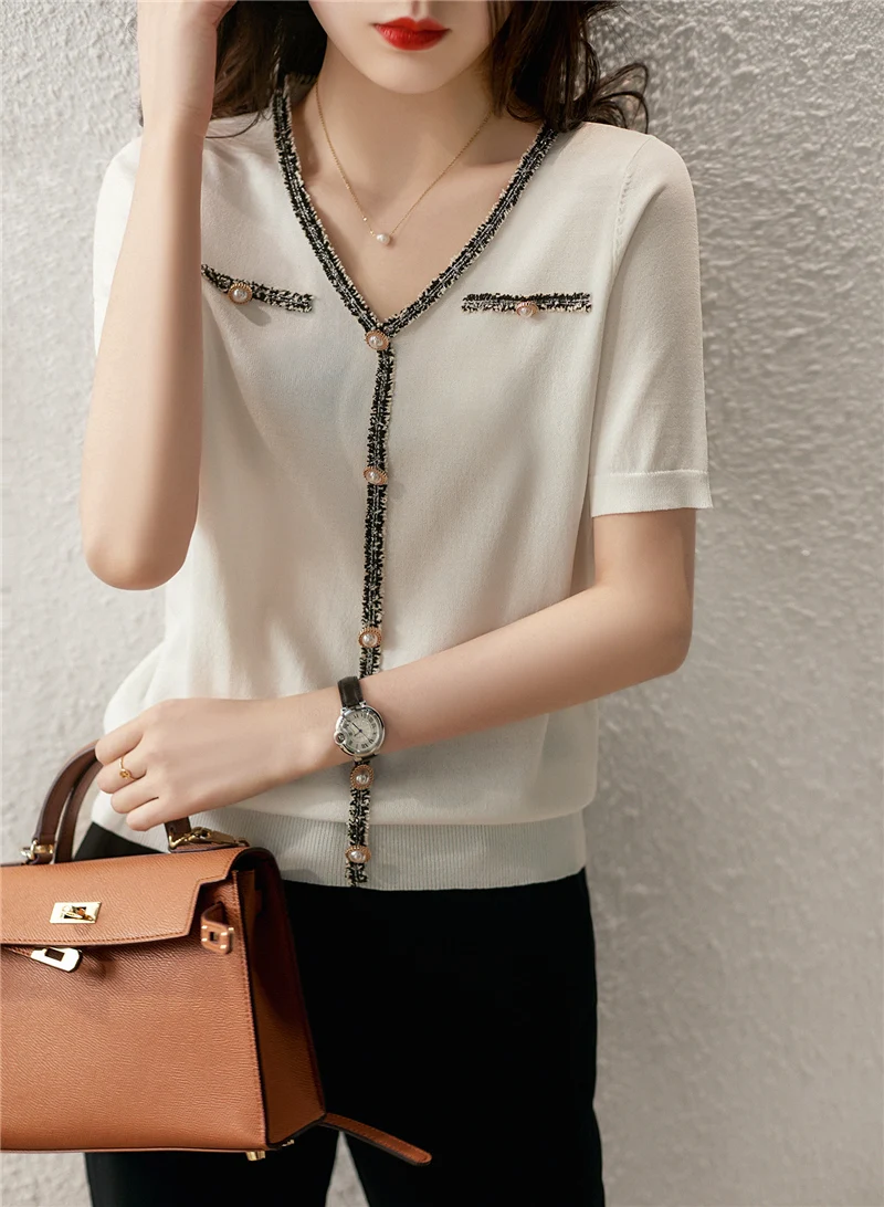 Свитер с коротким рукавом и V-образным вырезом карманом |