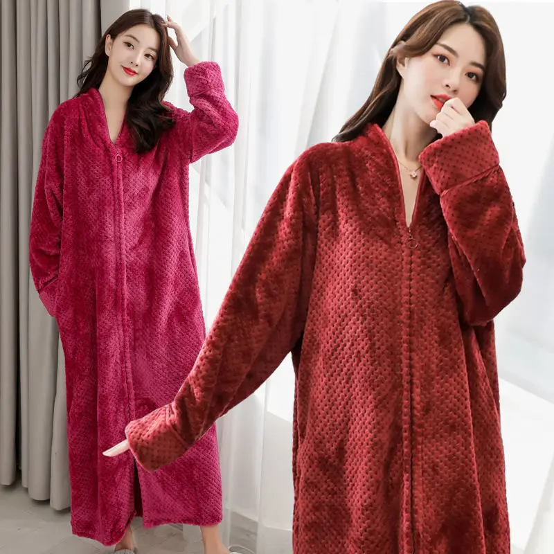 Pajamas Nightgown Robe Winter Thickened Long Section Bathrobe Large Size Loose Nightgown Female Winter Loungewear Pajamas Female