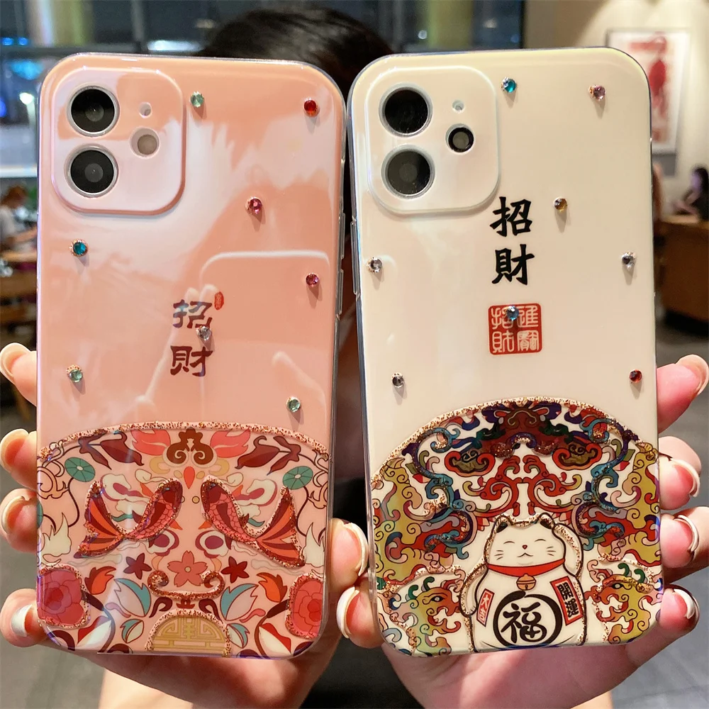 

Chinese Style Lucky Cat Plating Cover Case For iPhone 13 Pro Max 12 11 X XS XR 7 8 Plus Soft Silicone Transparent Funda Capa