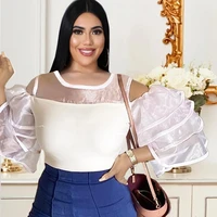 white blouses cold shoulder women patchwork tops ruffles sleeves casual evening party night out plus size blouse for ladies 2021