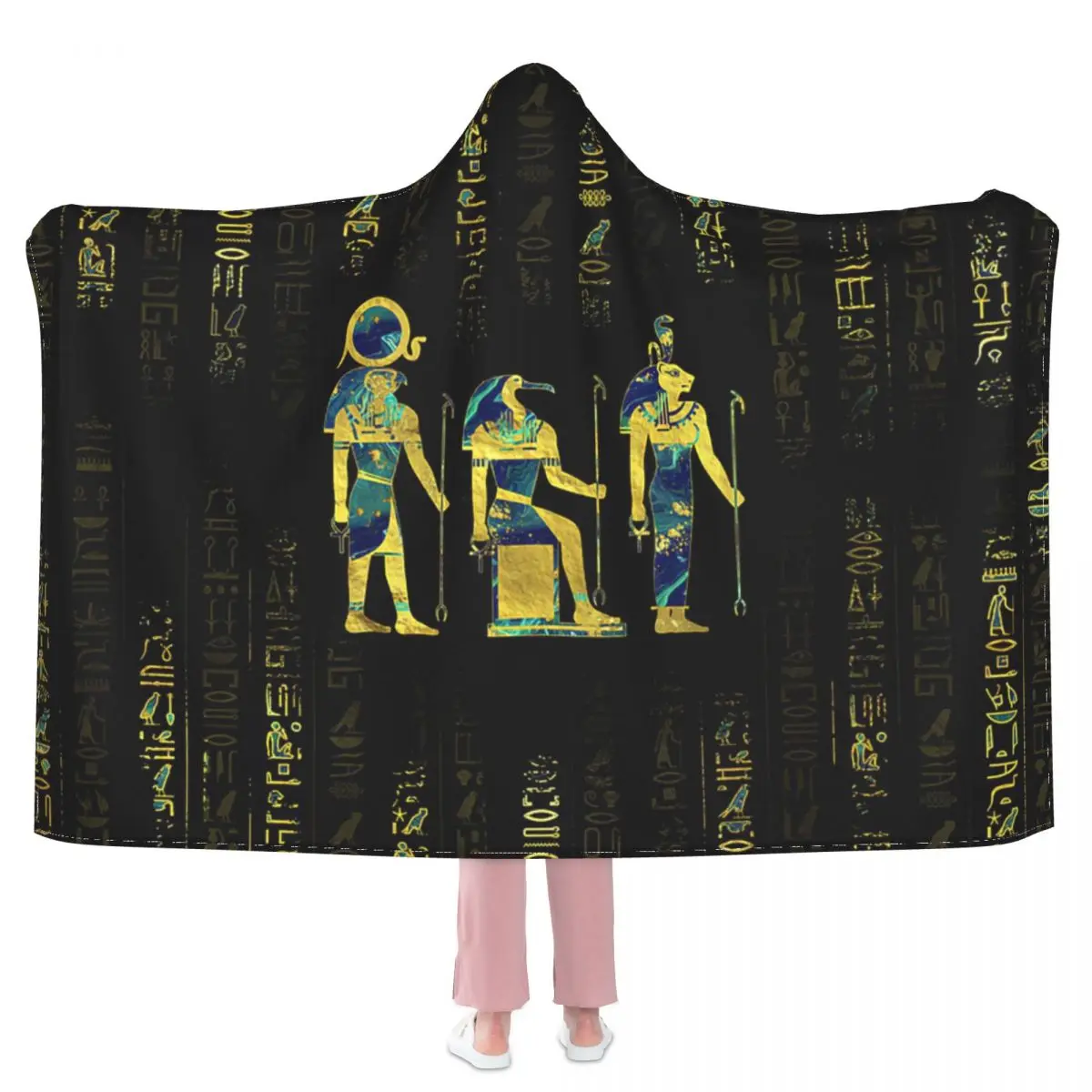

Egyptian Deities On Hieroglyphics Gold And Marble Hooded Blanket 3D full print Wearable Blanket Adults Kids style