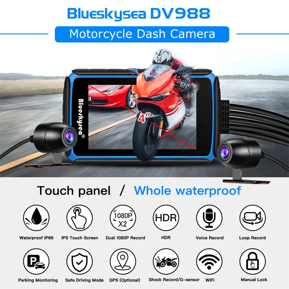 Blueskysea DV988 видеорегистратор с сенсорным экраном для мотоцикла 1080P двумя