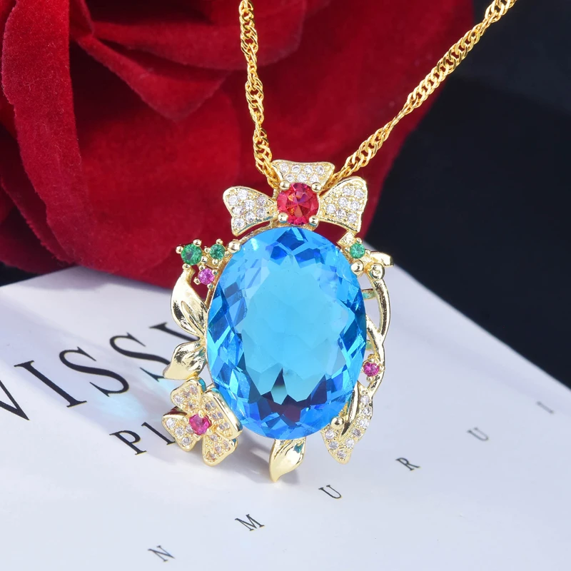 

2021 Fashion Luxury Female Pendant Necklace Inlay Exaggeration Oval Cubic Zircon Charm Geometry Women Wedding Engagement Jewelry