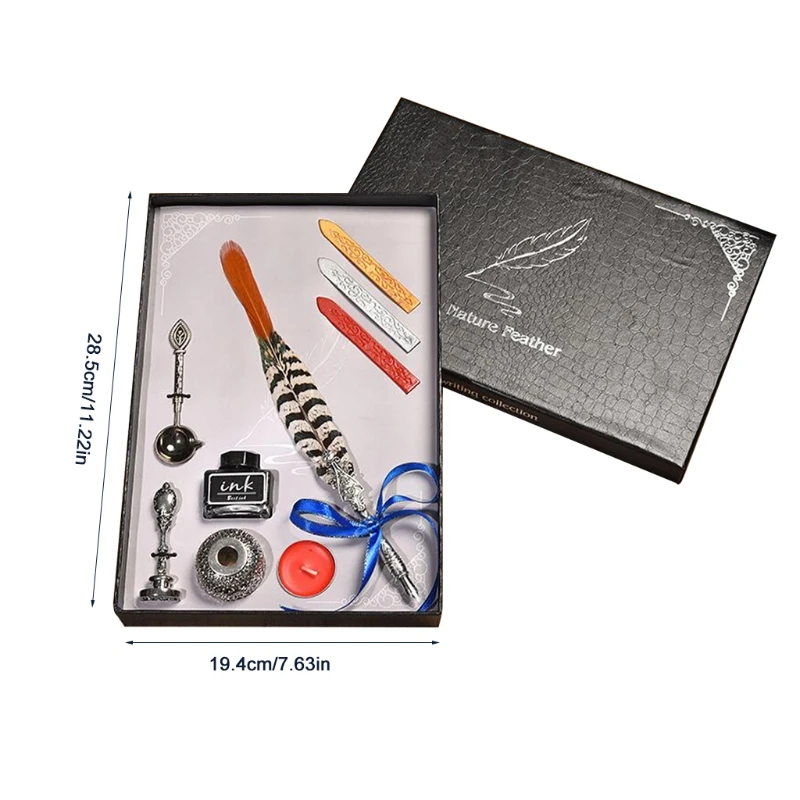 

Retro Quill Pen Set with 5 Pen Tips/ 3 Wax Seal Stick/Candle/Seal Stamp/Copper Spoon/Pen Base Holder/Ink Bottle for Gift