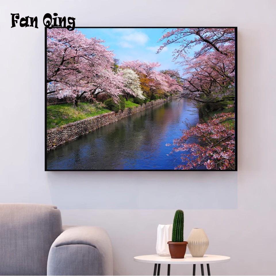 5D DIY алмазная живопись вишни на реке Алмазная мозаика вышивка распродажа полный