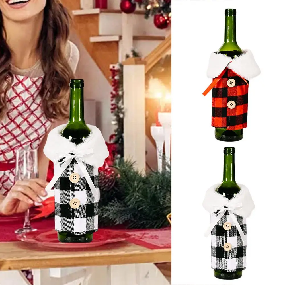 

Wine Bags 1PC Christmas Wine Covers Plaid Wine Bottle Clothes Reusable Wine Bottle Dress Drawstring Wine Bottle Clothes For