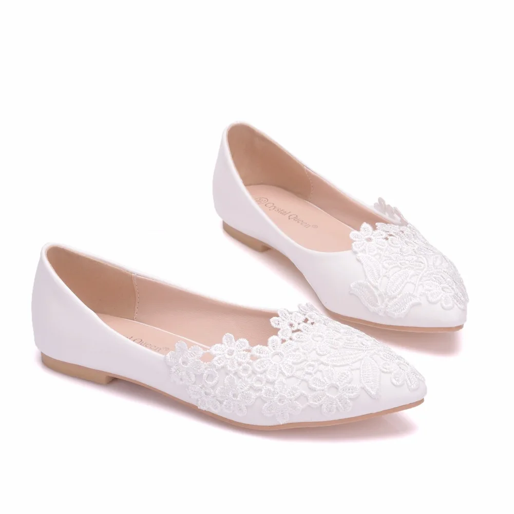

Large Size Flat Bottom Lace Wedding Shoes White Pointed Toe Casual Flat Shoes White Lace Flat Heel Pu Leather 34-43 Simple Style