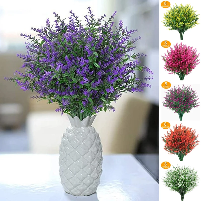 

1pc Artificial Flowers Fake Lavender Flowers UV Resistant Shrubs Plants No Fade Faux Plastic Greenery for Home Decor