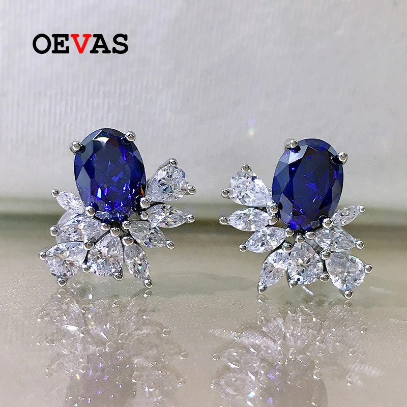 

OEVAS 100% 925 Sterling Silver 6*8mm Oval Sapphire Ruby Ice Flower Cut Stud Earrings For Women Sparkling Wedding Fine Jewelry