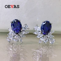 oevas 100 925 sterling silver 68mm oval sapphire ruby ice flower cut stud earrings for women sparkling wedding fine jewelry