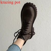 krazing pot cow split leather 2021 round toe lace up gladiator western boots retro fashion med heels non slip ankle boots l71