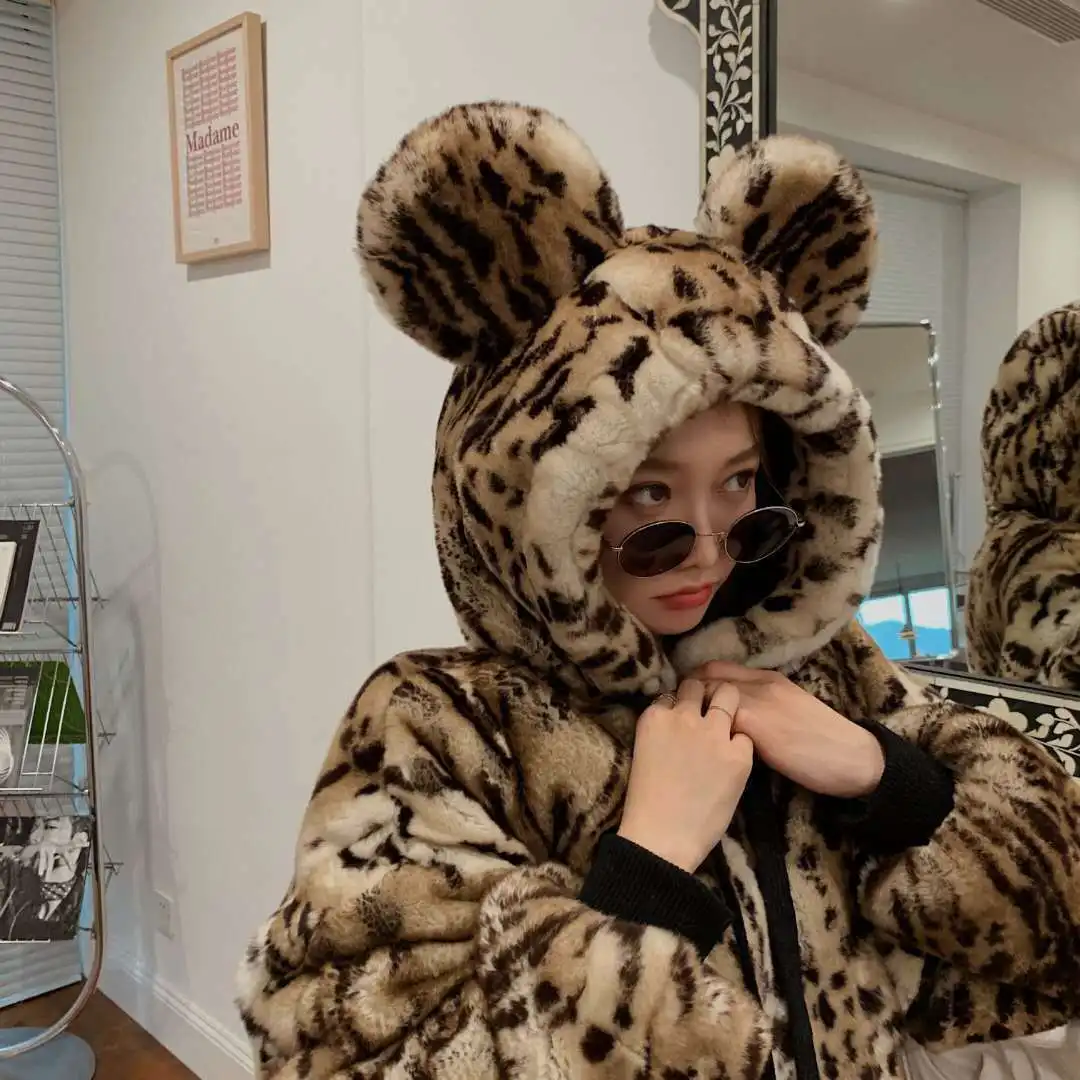 

Cute Loose Leopard Print Long-Sleeved Rex Rabbit Fur Hooded Ears Fur Coat Women Bear Teddy Coat Winter Fleece Oversized Coat