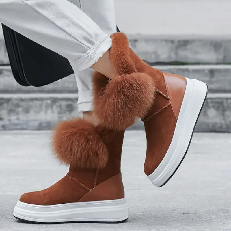 

KemeKiss Women Snow Boots Cow Leather Warm Plush Fur Winter Shoes Woman Mid Calf Boots Fashion Short Boot Women Size 34-40