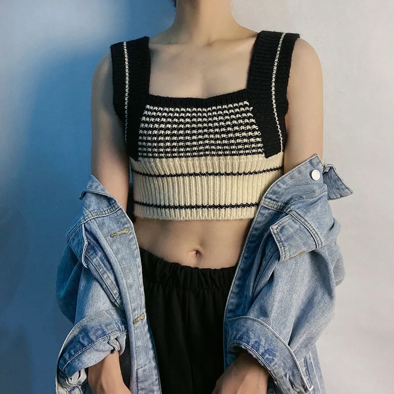

Женский свитер, Майки в полоску с принтом, осень 2021, модные сексуальные облегающие вязаные кроп-топы без рукавов с квадратным вырезом, женск...