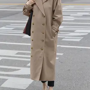 Women's Double-breasted Mid-Length Coat Autumn Winter Loose Nothced Long Cardigan Trench Outwear Top in India