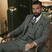 grey herringbone mens suit tweed british style custom made male suit slim fit blazer wedding suits for men 3 pieces