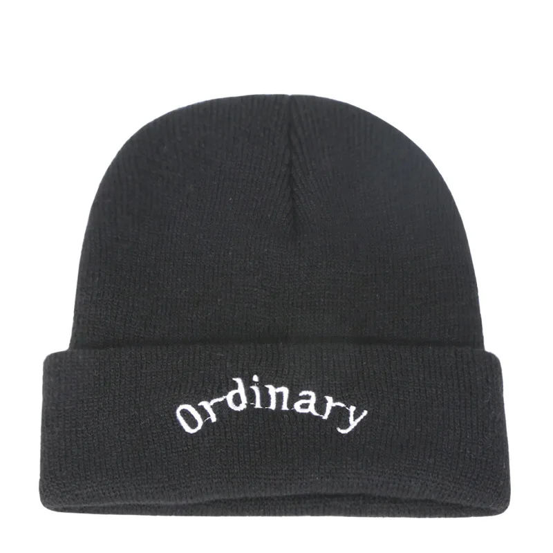 Black Ordinary Одноцветная шапочка, связанная крючком, вязанные шапочки С Вышивкой Букв для женщин/мужчин, зимняя теплая Кепка в стиле хип-хоп, Женская Повседневная модная кепка - Цвет: Black Ordinary