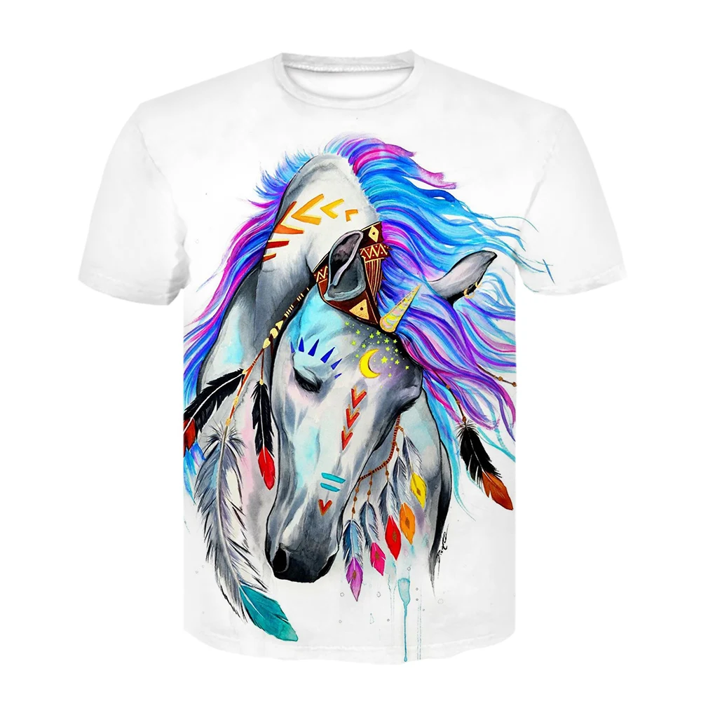 

Summer new 3D printing animal print white horse T-shirt o-neck children's short-sleeved casual breathable boys daily streetwear