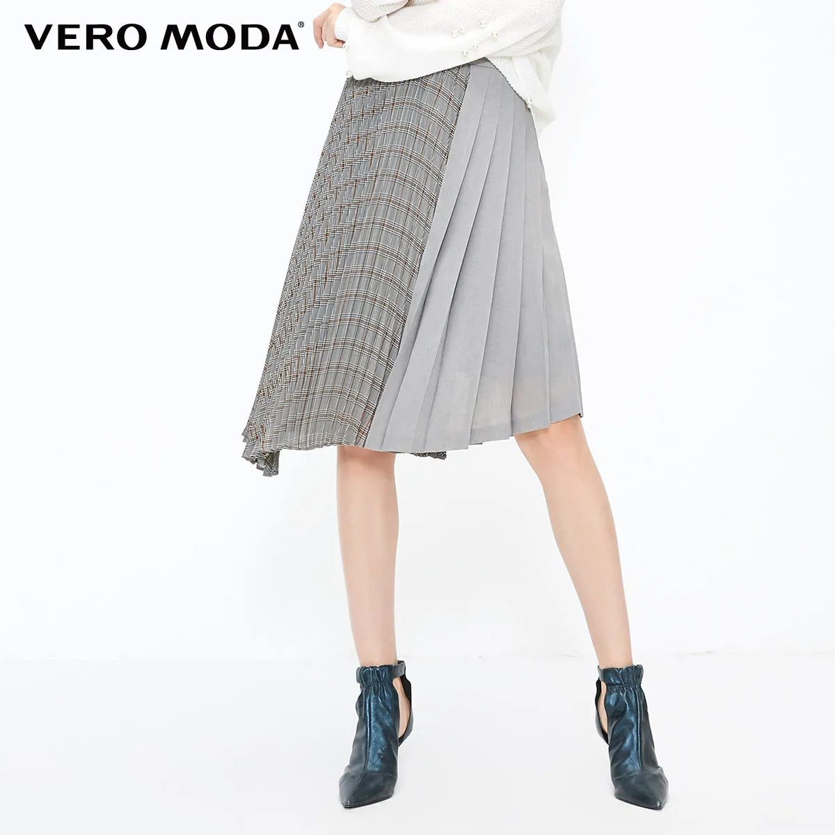 Vero Moda Женская контрастная плиссированная юбка средней длины с узором «гусиная лапка» | 318316543 - Цвет: Granit mel.