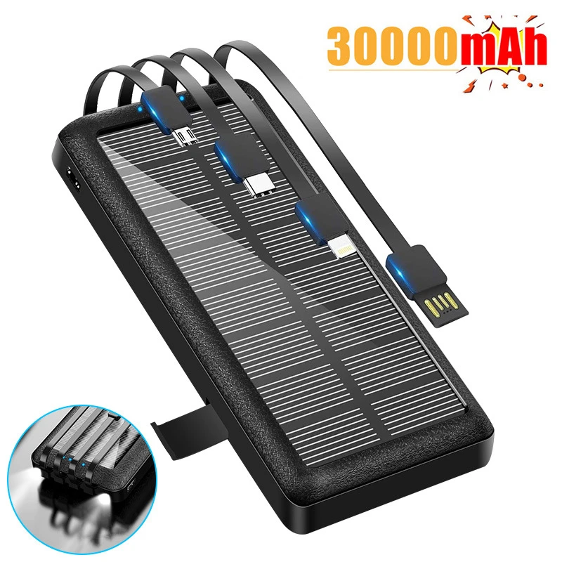 

Solar Power Bank 30000mAh Portable Charging Poverbank 30000 mAh External Battery Charger Powerbank with 4 Cables LED Flashlight