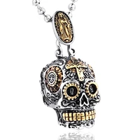 mexican large sugar skull green crystal pendant necklace vintage gold silver color punk biker necklaces for women men jewelry