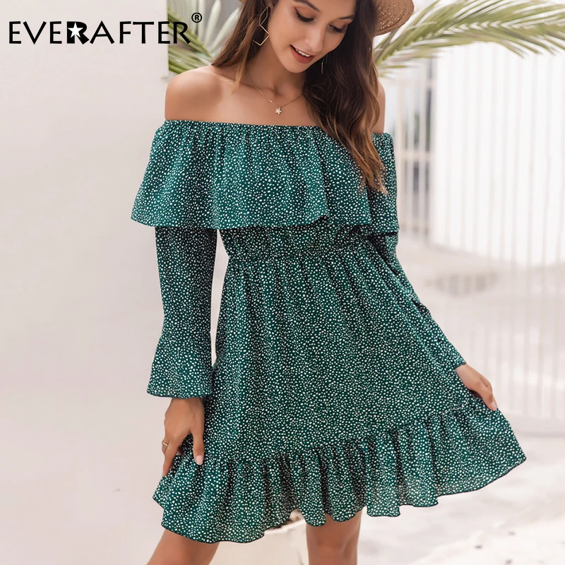 

Женское платье в горошек EVERAFTER, повседневное плиссированное платье миди с открытыми плечами и длинным рукавом, Осеннее праздничное платье