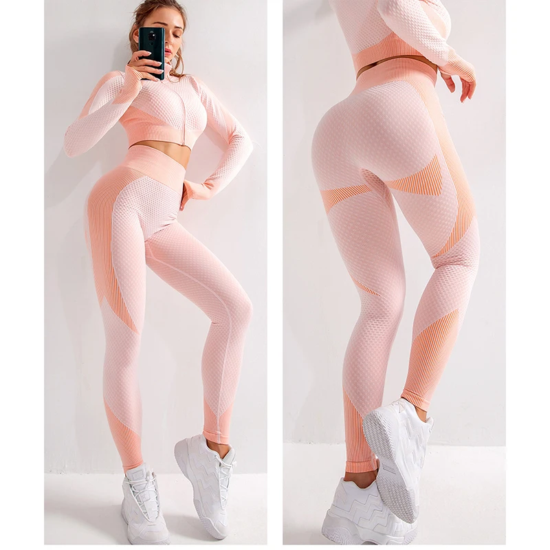 

Women 2 Pcs Sports Suits Set Yoga Sets Gym Fitness Pants Leggings Sportswear Leggings Seamless Athletic Sports Shirts Lady Slim