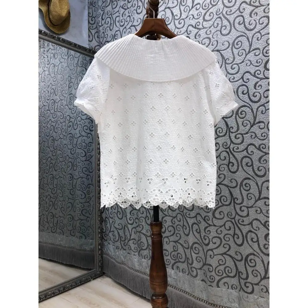 

2021 Summer New Women Clothing Pleated Ruffled Short Sleeves Shirt Big Lapel Hollow Embroidered Blouse Tops Femme Camisas Mujer