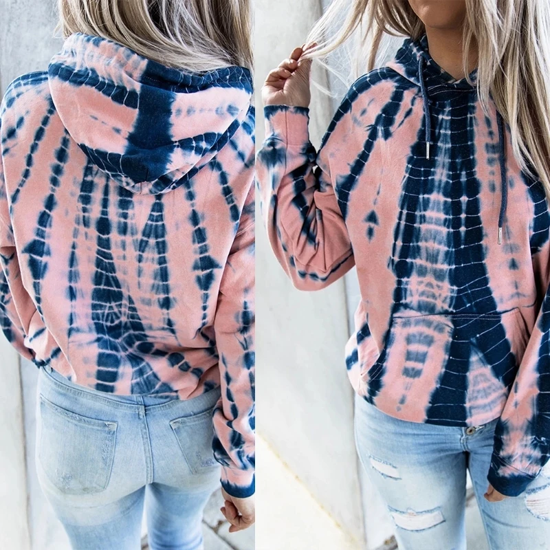 

Women Tie Dye Spiral Stripes Hoodies Harajuku Long Sleeve Drawstring Sweatshirt Casual Loose Pullover Tunic Tops with Kangaroo