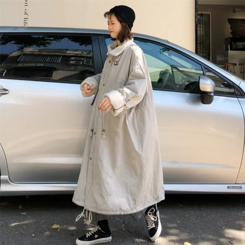 

Lace Up Winter Jacket Women Thick Overcoat Long Lambs Wool Winter Parka Cotton Women Jacket Oversized Coat Warm Outerwear