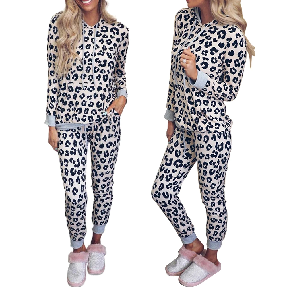 

Womenâ€™s Solid Color Two Piece Outfit Long Sleeve Crewneck Pullover Leopard Print Hoodie Top And Long Pants Casual Wear