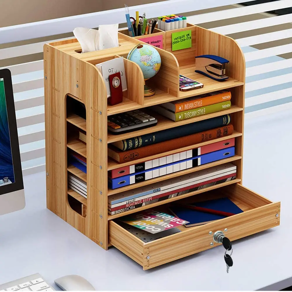

Wooden Desk Organizer with Drawer, Multi-Functional DIY Pen Holder Box, Office & Home Desk Supply Storage Rack