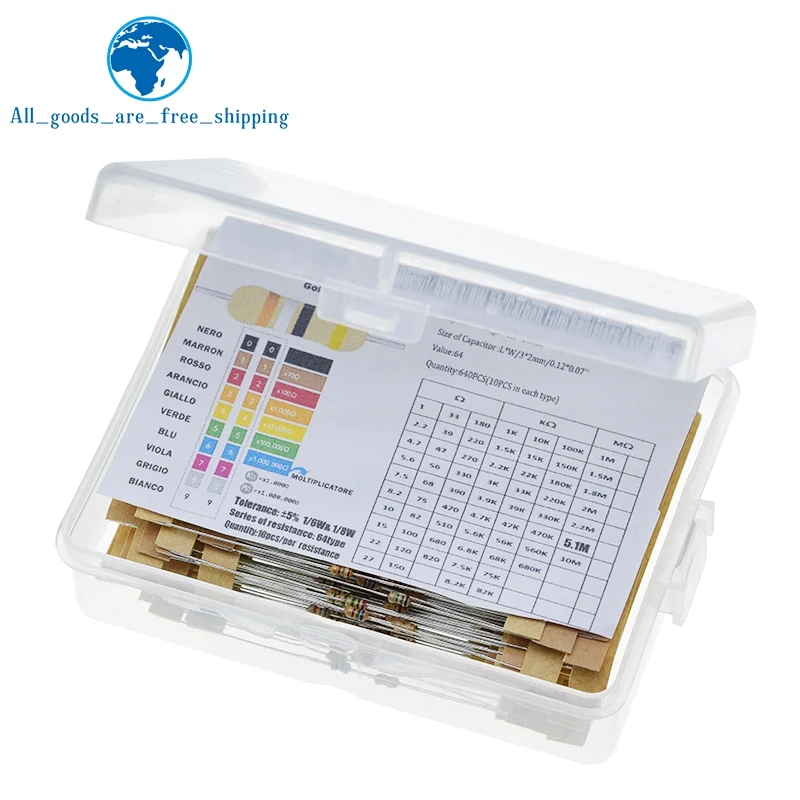 1/8W 5% 640pcs 64 Values 1R - 10MR 0.125W Carbon Film Resistor Assorted Kit Set | Электронные компоненты и