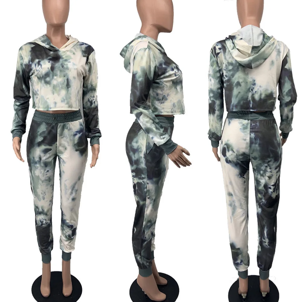 

Women's Tracksuit Autumn Winter Sport Suits Tie Dye Print Long Sleeve Hooded Crop Top and High Waist Sweatpant 2 Piece Sweatsuit