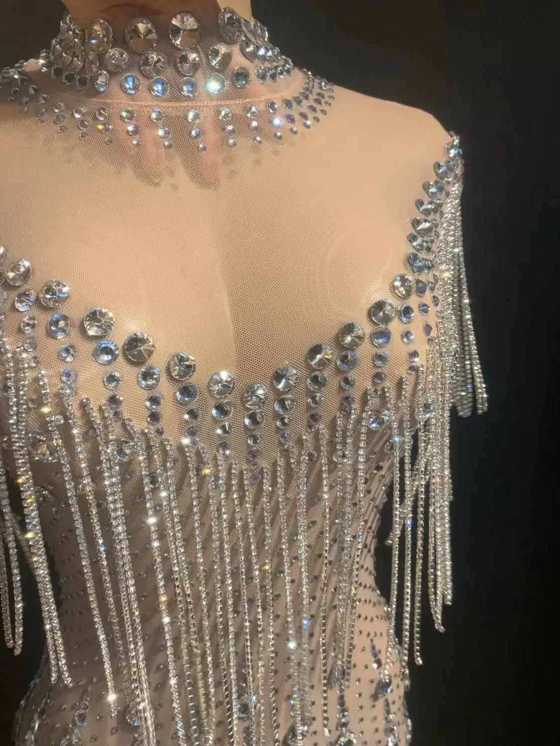 

Women Shining Crystals Fringes See Through Mesh Dress Women Birthday Celebrate Stones Dress Bar Nightclub Women Dance Dress