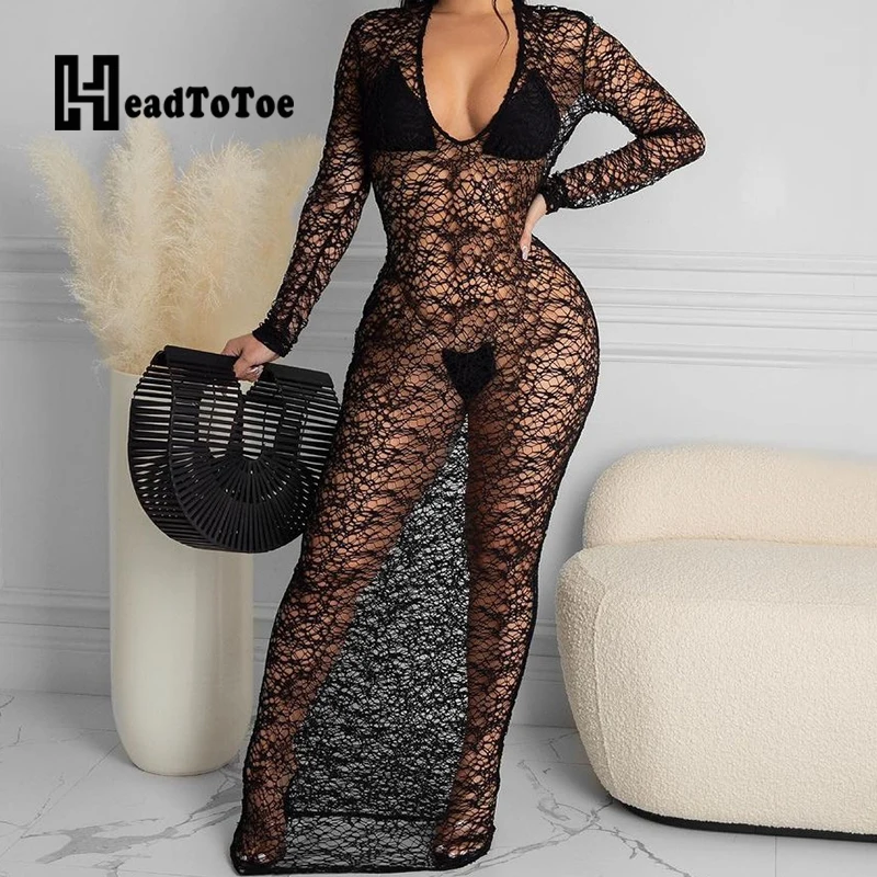 

Solid Mesh Hallow Out Perspective Sexy Club Dresses for Women Full Sleeve Floor Length Deep V Neck Slim Dress Women