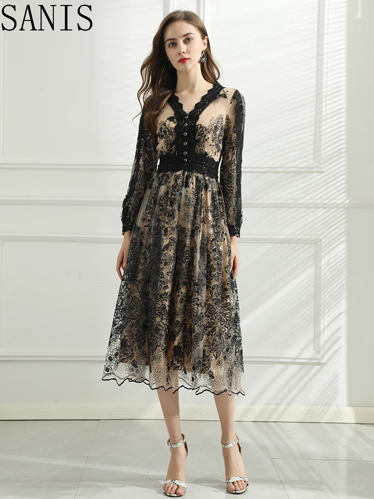 

SanisSummer Fashion Runway Party Dress Women V-neck Black Lace Patchwork Mesh Embroidery Sequins Dress Vestidos